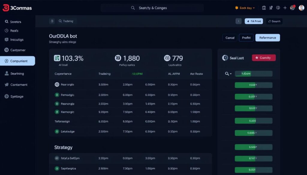 3Commas trading bot interface showing DCA bot setup and performance metrics