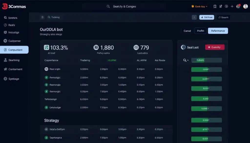 3Commas trading bot interface showing DCA bot setup and performance metrics