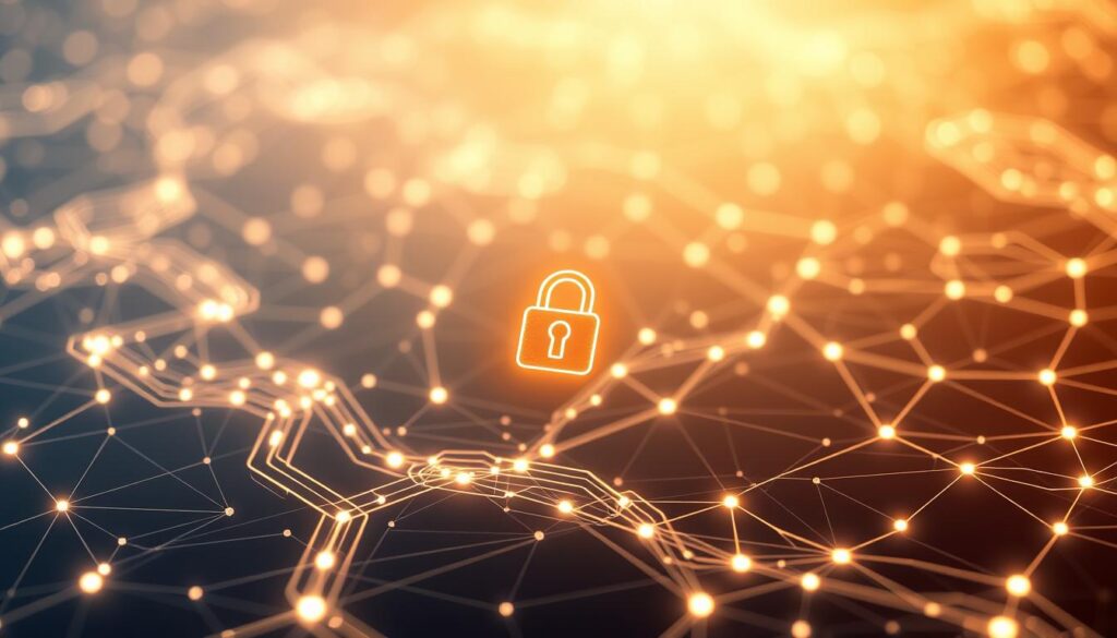 A blockchain-secured smart contract, its code lines flowing like elegant digital rivers, shimmering in a soft, ambient light. In the foreground, a padlock icon symbolizes the security and protection of intellectual property. The background fades into a grid of interconnected nodes, representing the decentralized network that safeguards the contract. The overall composition conveys a sense of technological sophistication, reliability, and the pivotal role of smart contracts in safeguarding creative works in the digital age.