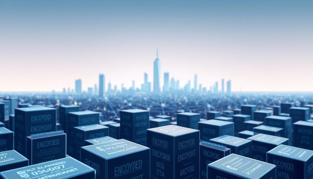 A blockchain verification process, depicted in a digital illustration. In the foreground, a detailed visualization of blockchain blocks, each containing encrypted transaction data. In the middle ground, a network of interconnected nodes, representing the decentralized ledger. In the background, a sleek, minimalist cityscape, symbolizing the global reach of blockchain technology. Rendered with a clean, modern aesthetic, using soft lighting and subtle color gradients to create a sense of technological sophistication. The overall composition conveys the secure, transparent, and distributed nature of the blockchain verification process.