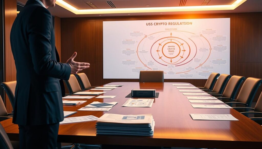 A boardroom table, bathed in warm, professional lighting, stands as the centerpiece. On the table, various documents and reports symbolize the intricate web of US crypto regulation and compliance. In the foreground, a professional-looking person in a suit gestures, emphasizing the gravity of the topic. In the background, a digital display shows a schematic overview of the regulatory framework, its interlinking policies and guidelines. The atmosphere is one of serious discussion, with an air of authority and attention to detail, reflecting the importance of adhering to US crypto regulations.