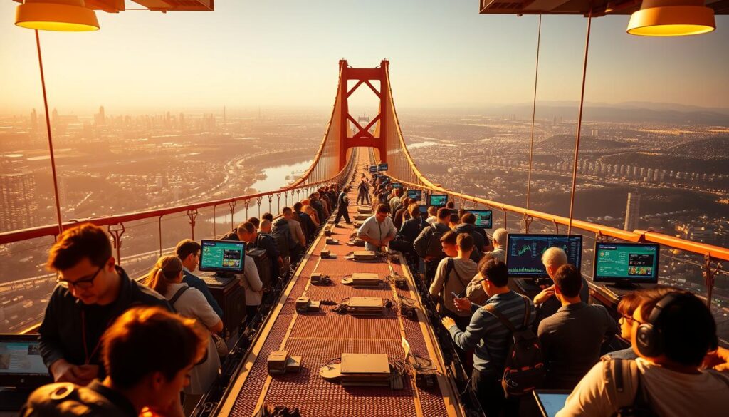 A bustling bridge scene, illuminated by warm natural lighting and a crisp, high-resolution lens. In the foreground, a group of users diligently transferring digital assets between different blockchain networks, their faces focused and intent. The middle ground showcases the intricate infrastructure of the bridge protocol, with secure gateways and transaction monitoring systems. In the background, a vast digital landscape, hinting at the interconnected nature of the cross-chain ecosystem. The overall atmosphere conveys a sense of efficiency, trust, and the seamless integration of decentralized finance.