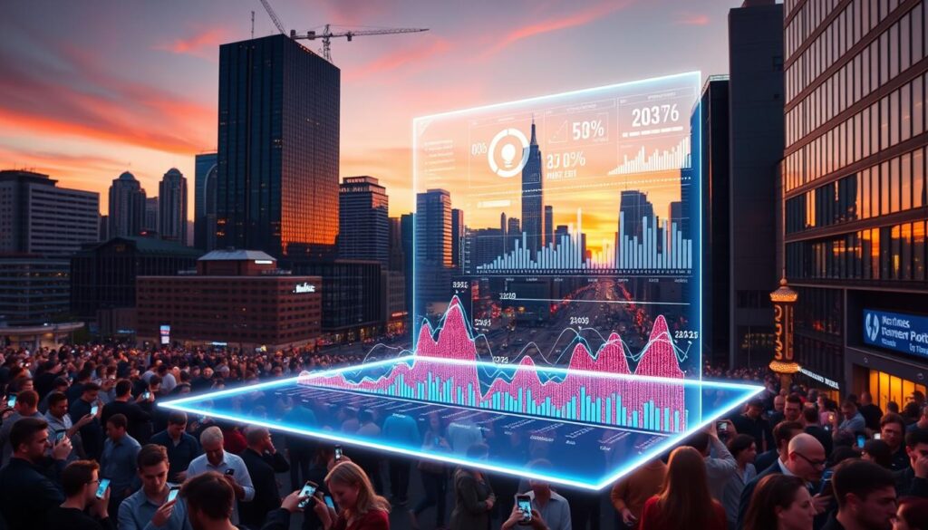 A bustling city skyline at dusk, with a glowing halo of social media activity emanating from the streets below. In the foreground, a holographic display showcases a real-time analysis of sentiment metrics, represented by vibrant data visualizations and dynamic graphs. The middle ground features a diverse crowd of individuals, each engrossed in their mobile devices, generating a constant stream of online chatter and reactions. In the background, towering skyscrapers and a dramatic sunset create a sense of scale and urbanity. The scene is bathed in a warm, amber light, conveying a sense of technological progress and the increasing importance of social sentiment in modern society.