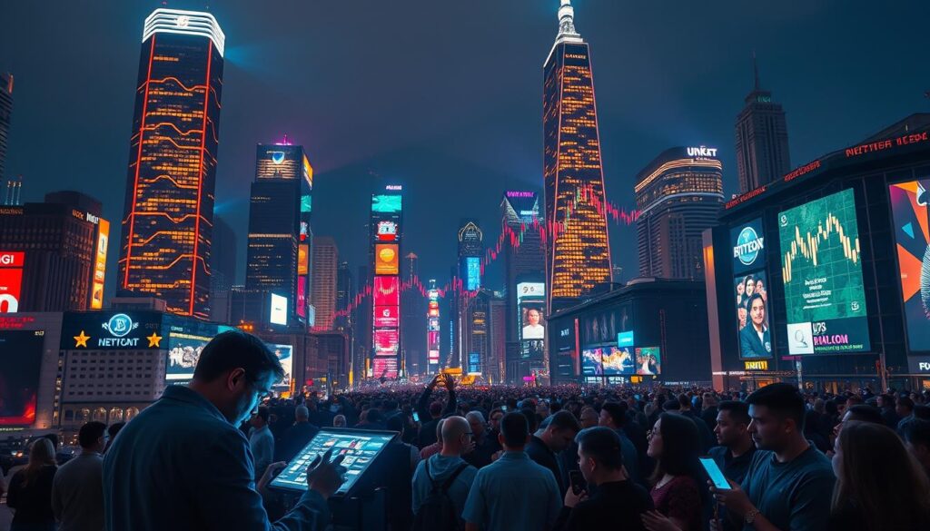 A bustling city skyline, illuminated by a vibrant cryptocurrency chart projected onto towering skyscrapers. In the foreground, a team of analysts poring over data on their holographic displays, their faces lit by the glow of the market's potential. In the middle ground, a crowd of investors eagerly awaiting the next big crypto breakthrough, their eyes glued to their mobile devices. The background is a sea of neon lights and digital billboards, showcasing the dynamic, ever-evolving world of cryptocurrency. The scene conveys the excitement, innovation, and overwhelming opportunities within the crypto project market, ready to be discovered.