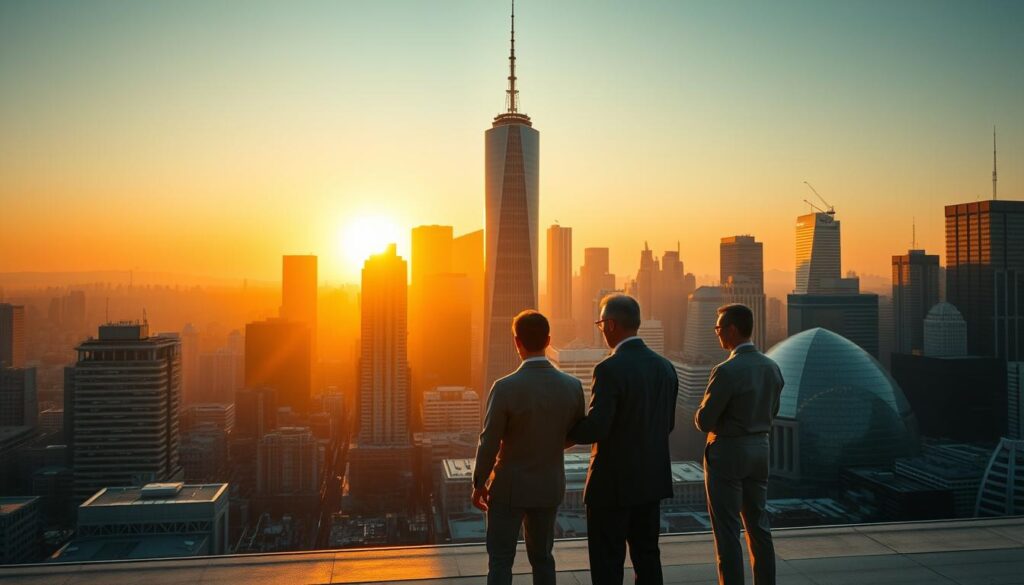 A bustling city skyline with towering skyscrapers, illuminated by the warm glow of the setting sun. In the foreground, a group of individuals standing vigilantly, examining documents and charts, representing strategies to prevent rug pulls in the digital collectibles market. The scene is captured with a cinematic, wide-angle lens, creating a sense of scale and importance. The lighting is crisp and dramatic, casting shadows that highlight the seriousness of the situation. The mood is one of determination and diligence, as the characters work tirelessly to protect investors from NFT scams.