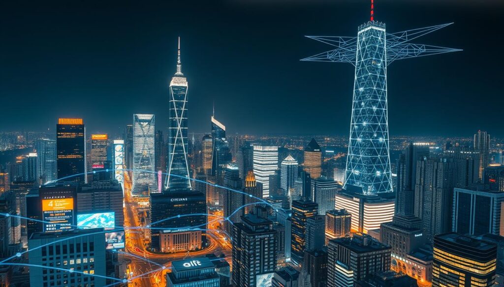 A bustling cityscape at night, illuminated by the glow of neon signs and skyscrapers. In the foreground, a network of seamless transactions is depicted, with data streams flowing effortlessly across multiple layers. The middle ground showcases a blockchain-powered infrastructure, where transactions are processed off-chain, reducing congestion and improving efficiency. The background features a towering blockchain network, its intricate web of nodes and connections symbolizing the scalability and resilience of this cutting-edge technology. The overall scene conveys a sense of progress, innovation, and the transformative power of layer 2 scaling solutions in the Ethereum ecosystem.