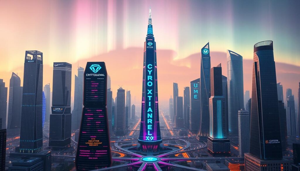 A bustling cityscape of futuristic skyscrapers, each one representing a prominent decentralized project in the AI-powered cryptocurrency ecosystem. In the foreground, a towering spire emblazoned with the CRYPTOMAXIMAL logo stands as the centerpiece, its sleek design and vibrant holographic displays capturing the imagination. The middle ground is filled with a network of interconnected nodes and pathways, symbolizing the decentralized infrastructure that underpins these innovative projects. In the background, a vibrant aurora borealis dances across the sky, casting an ethereal glow over the entire scene. The composition is bathed in a warm, optimistic light, conveying the promise and potential of these pioneering AI-driven crypto initiatives.