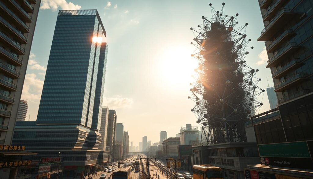 A bustling cityscape with two distinctive exchange towers standing in contrast. The centralized tower, a towering monolith of glass and steel, radiates an aura of authority and control. Conversely, the decentralized tower, a sprawling network of interconnected nodes, conveys a sense of distributed power and innovation. Sunlight streams through the windows, casting a warm glow on the bustling streets below, where traders and enthusiasts navigate the complex landscape of modern finance. Subtle details, such as blockchain-inspired patterns and cryptocurrency symbols, adorn the facades, highlighting the technological underpinnings of these exchange hubs. The scene evokes a sense of the dynamic interplay between the traditional and the revolutionary in the world of cryptocurrency trading.