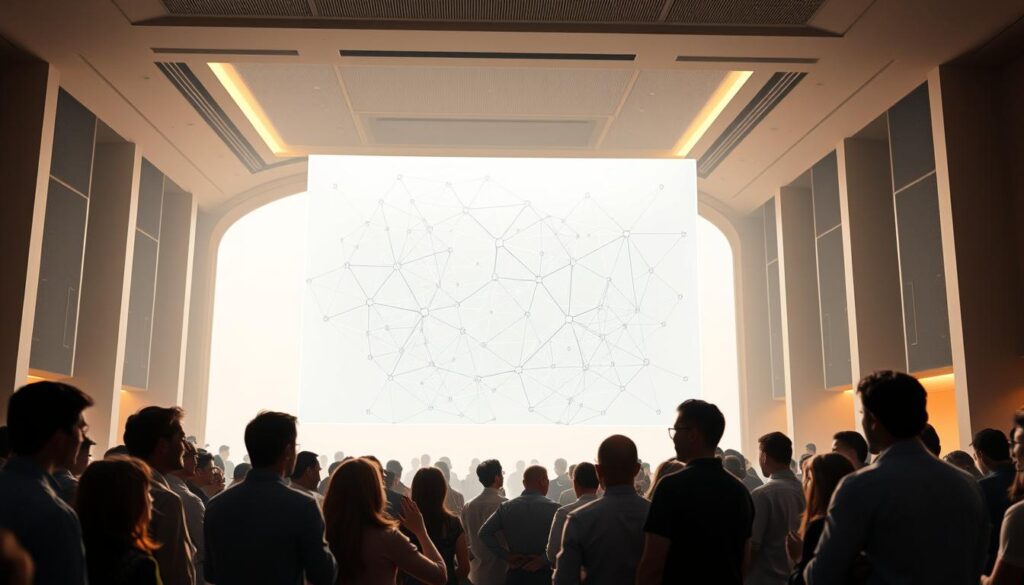 A bustling community gathering in a modern, minimalist digital space, illuminated by a soft, diffuse lighting that casts a warm glow. In the foreground, a group of individuals engaged in animated discussions, their hands gesturing as they debate the intricacies of a decentralized voting mechanism displayed on a series of floating, holographic screens. The middle ground features a sprawling network of interconnected nodes, representing the complex web of decentralized decision-making processes. In the background, a sleek, futuristic architecture frames the scene, conveying a sense of technological innovation and progress. The atmosphere is one of collaborative exploration, as the community navigates the challenges and opportunities of web3 governance.