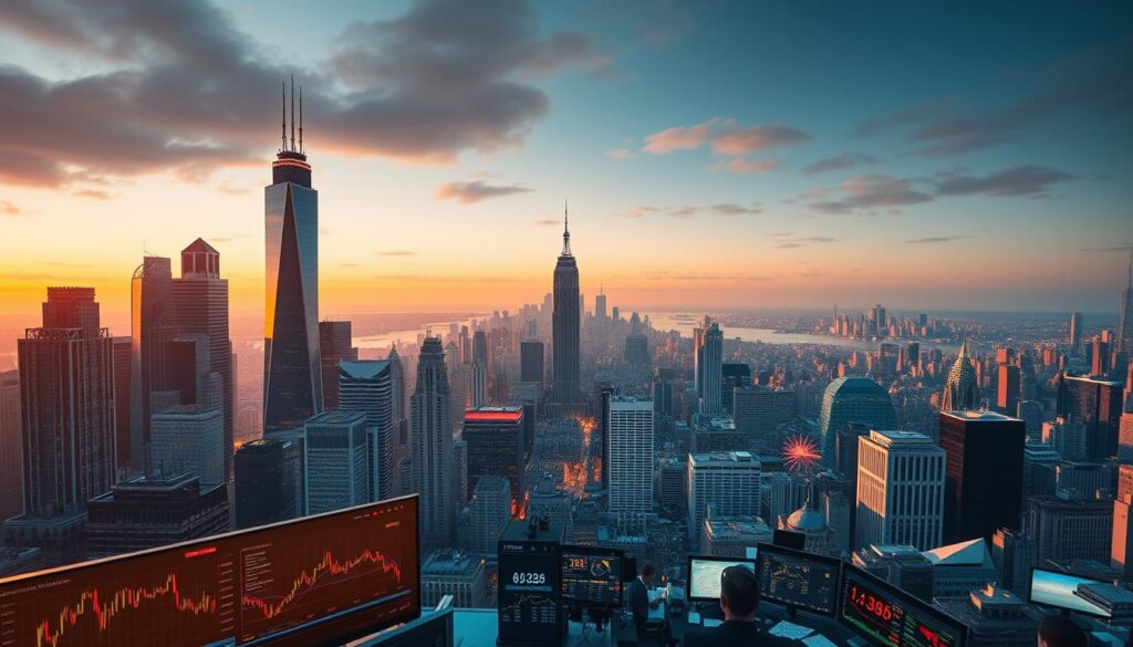 A bustling crypto market cityscape, with towering skyscrapers representing the tiers of market capitalization. In the foreground, a vibrant data visualization dashboard showcases the relative sizes and performance of various cryptocurrencies. The mid-ground features a busy trading floor, with analysts and investors poring over financial data. In the background, a stunning panoramic view of the city skyline, bathed in the warm glow of golden hour lighting. The overall mood is one of dynamism, growth, and technological innovation, capturing the essence of the evolving cryptocurrency landscape.