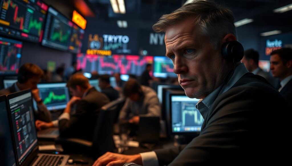 A bustling crypto trading desk, with traders hunched over screens amid a sea of flashing charts and complex financial data. In the foreground, a harried support agent fields a barrage of inquiries from concerned customers, their faces etched with confusion and frustration. The atmosphere is tense, with the agent's brow furrowed as they navigate the unique challenges of the crypto landscape - managing volatile prices, network outages, and a myriad of technical hurdles. The background is dimly lit, casting an air of anxiety over the scene, underscoring the high-stakes nature of the industry. Dramatic lighting and a cinéma vérité style capture the intensity of the moment, as the support agent strives to bring clarity and resolution to the crypto customer's plight.