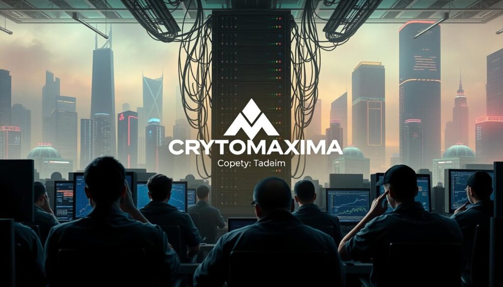 A bustling crypto trading floor, with the CRYPTOMAXIMAL logo prominently displayed. In the foreground, a group of frustrated traders stare at their screens, shaking their heads. The middle ground features a towering stack of servers, conveying the power and complexity of the trading bots. The background is shrouded in a hazy, futuristic cityscape, with skyscrapers and glowing neon lights. The overall mood is one of bewilderment and disillusionment, as the traders grapple with the misconceptions surrounding the capabilities and limitations of AI crypto trading bots.