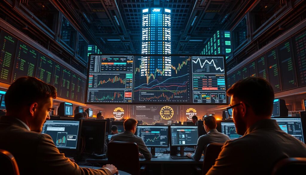 A bustling cryptocurrency trading floor, illuminated by a warm glow of computer screens and holographic displays. In the foreground, traders intently analyze intricate on-chain data visualizations, their expressions a mix of focus and determination. The middle ground features a large interactive dashboard, projecting real-time blockchain metrics, transaction flows, and algorithmic trading strategies. In the background, a towering data center hums with the activity of processing and aggregating the constant stream of on-chain information. The scene conveys a sense of innovation, technological prowess, and the power of leveraging on-chain data to inform sophisticated trading decisions.