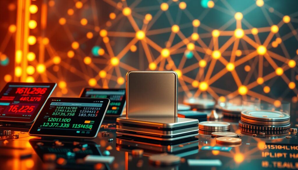 A bustling digital financial transaction scene, captured with a wide-angle lens in crisp, high-resolution detail. In the foreground, a series of virtual wallet interfaces flicker with streams of numerical data, representing the rapid flow of cryptocurrency through a hot wallet system. The middle ground features a sleek, metallic hardware wallet device, standing as a secure cold storage option. In the background, a stylized blockchain network backdrop hums with geometric patterns and glowing nodes, conveying the complex infrastructure powering the transactions. Warm, futuristic lighting casts an ethereal glow, evoking the cutting-edge nature of the Web3 ecosystem.