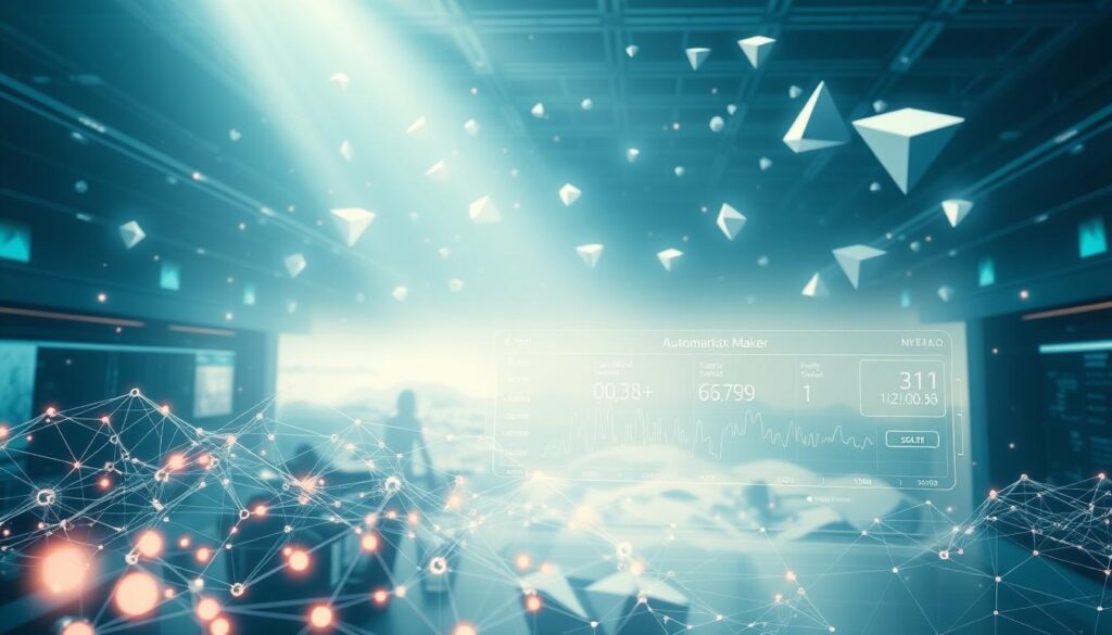 A bustling digital marketplace with a serene, ethereal atmosphere. In the foreground, a network of interconnected nodes representing the automated market maker system, with pulsing lines conveying the dynamic exchange of data and transactions. The midground features a sleek, minimalist interface showcasing the floor price discovery mechanisms, with intuitive visualizations of supply, demand, and price fluctuations. The background is a serene, dreamlike landscape of floating, geometric shapes and soft, diffused lighting, creating a sense of contemplation and wonder. The overall composition evokes a harmonious balance between technology and nature, reflecting the essence of the NFT liquidity pool automated market maker floor price discovery mechanisms.
