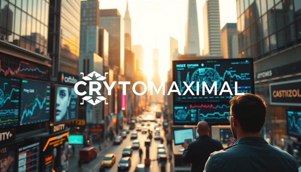 A bustling financial district, with towering skyscrapers and busy streets. In the foreground, a CRYPTOMAXIMAL logo shimmers amidst a flurry of digital data streams and machine learning algorithms, their intricate patterns dancing across multiple screens. In the middle ground, traders and analysts intently study charts and graphs, their expressions a mix of focus and anticipation. The background is bathed in a warm, golden light, evoking a sense of technological progress and innovation. The scene conveys the power of machine learning to unlock insights and opportunities in the dynamic world of cryptocurrency markets.