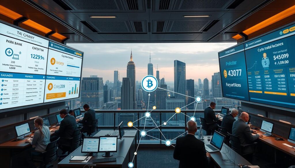 A bustling financial exchange, illuminated by the glow of digital displays showcasing various cryptocurrency conversion methods. In the foreground, a variety of payment options are visually represented, including bank transfers, peer-to-peer exchanges, and mobile wallets. In the middle ground, a network of interconnected nodes and arrows illustrate the seamless flow of digital assets being converted to fiat currency. The background is a cityscape of skyscrapers, reflecting the urban, technological landscape of modern finance. The scene is captured through a wide-angle lens, emphasizing the scale and complexity of the crypto conversion ecosystem, with soft, warm lighting casting a sense of professionalism and efficiency.