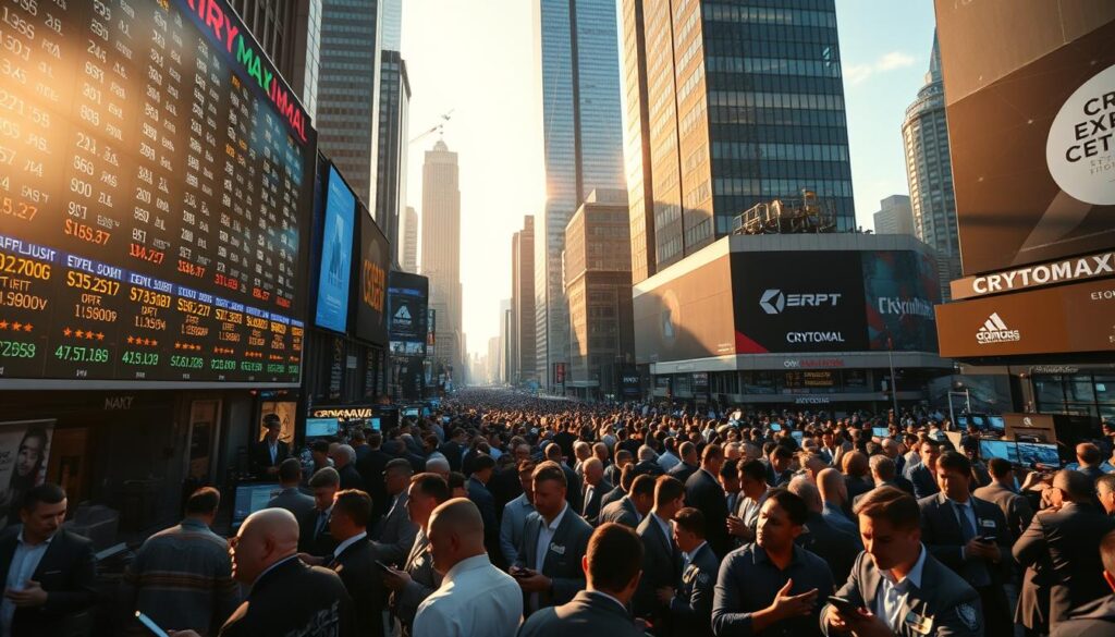 A bustling financial marketplace with CRYPTOMAXIMAL traders navigating the shifting market conditions. The foreground depicts a large digital display board showcasing real-time stock prices, cryptocurrency values, and other financial data. The middle ground is filled with a diverse crowd of traders, analysts, and investors engaged in intense discussions, making trades on their mobile devices, and closely monitoring the ever-changing market indicators. The background features the iconic skyscrapers of a modern financial district, bathed in a warm, golden light that casts long shadows across the scene, creating a sense of urgency and high-stakes decision making. The overall atmosphere is one of dynamism, uncertainty, and the relentless pursuit of financial gain.