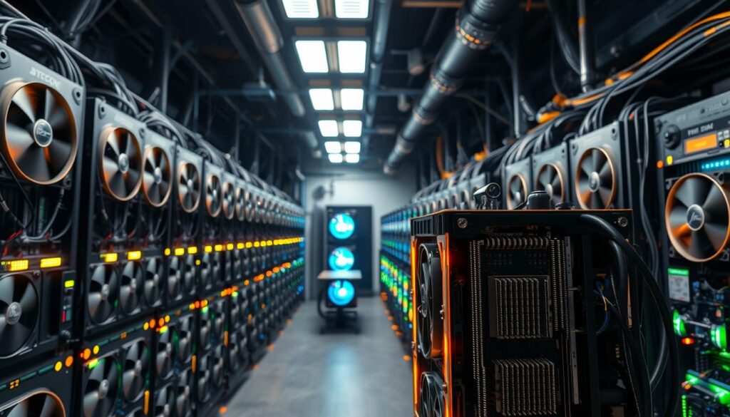 A bustling mining rig facility, filled with rows of whirring GPU-based computers, their cooling fans creating a rhythmic hum. Bright LED lights illuminate the scene, casting a warm glow over the array of high-performance hardware. In the foreground, a single mining rig is prominently displayed, its circuit boards and heat sinks clearly visible, representing the core of the proof-of-work process. The background is a dimly lit, industrial-style room, with cables and pipes snaking across the walls, emphasizing the technical and utilitarian nature of the mining operation. The overall atmosphere is one of technological innovation and intense computational power, capturing the essence of the proof-of-work consensus mechanism.