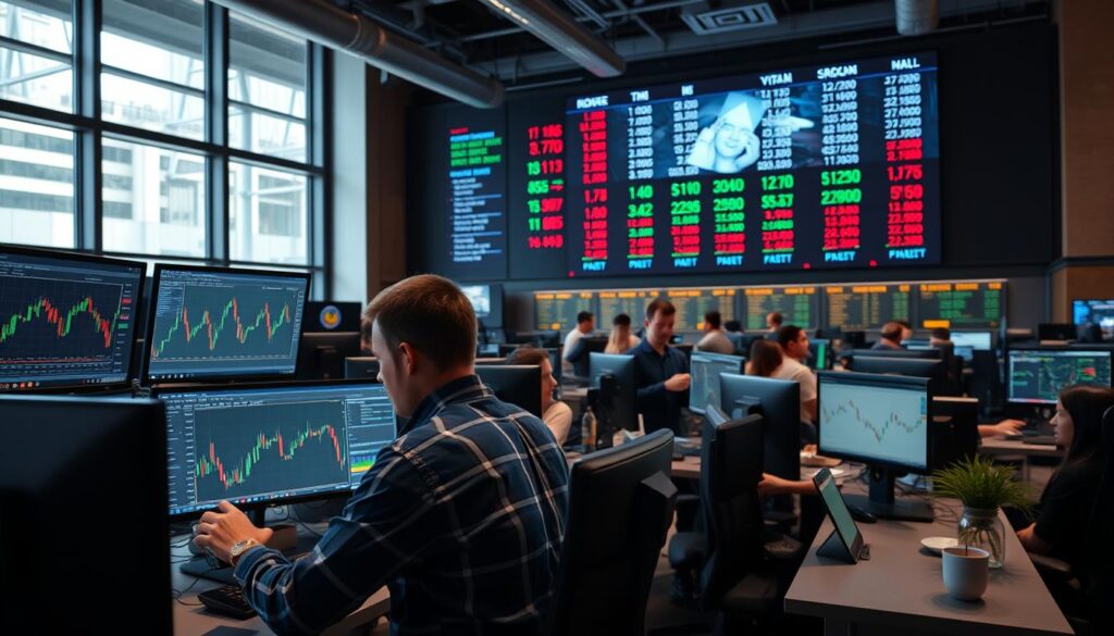A bustling trading desk in a modern office, with floor-to-ceiling windows letting in natural light. In the foreground, a trader intently focuses on multiple computer screens, studying candlestick charts and real-time cryptocurrency data. The middle ground features other traders engaged in lively discussions, sharing insights and analyzing market trends. In the background, a large display wall showcases the day's cryptocurrency prices, ebbing and flowing in real-time. The atmosphere is one of focus, intensity, and a sense of financial opportunity, reflecting the dynamism of the contemporary crypto trading landscape.