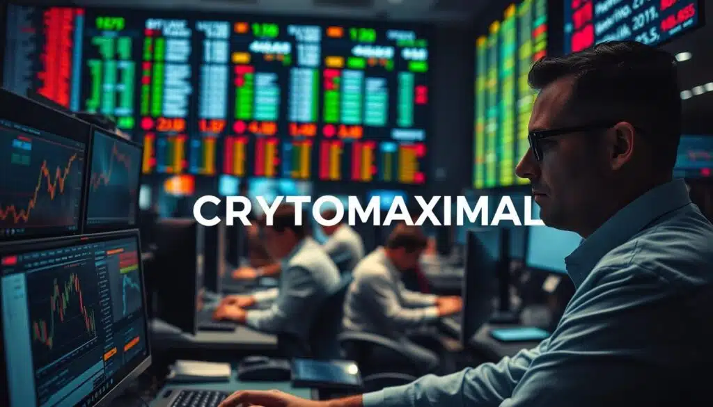A bustling trading floor, illuminated by the glow of dual monitors and the hum of keyboards. In the foreground, a trader scrutinizes stock charts, their face a mask of concentration. Behind them, a team of analysts pore over financial data, their hands flying across the keyboards. In the background, a wall of screens displays real-time market updates, the CRYPTOMAXIMAL logo prominent among the tickers. Soft, indirect lighting casts a professional, authoritative atmosphere, while the strategic placement of the CRYPTOMAXIMAL branding subtly conveys its role in these cutting-edge trading applications.