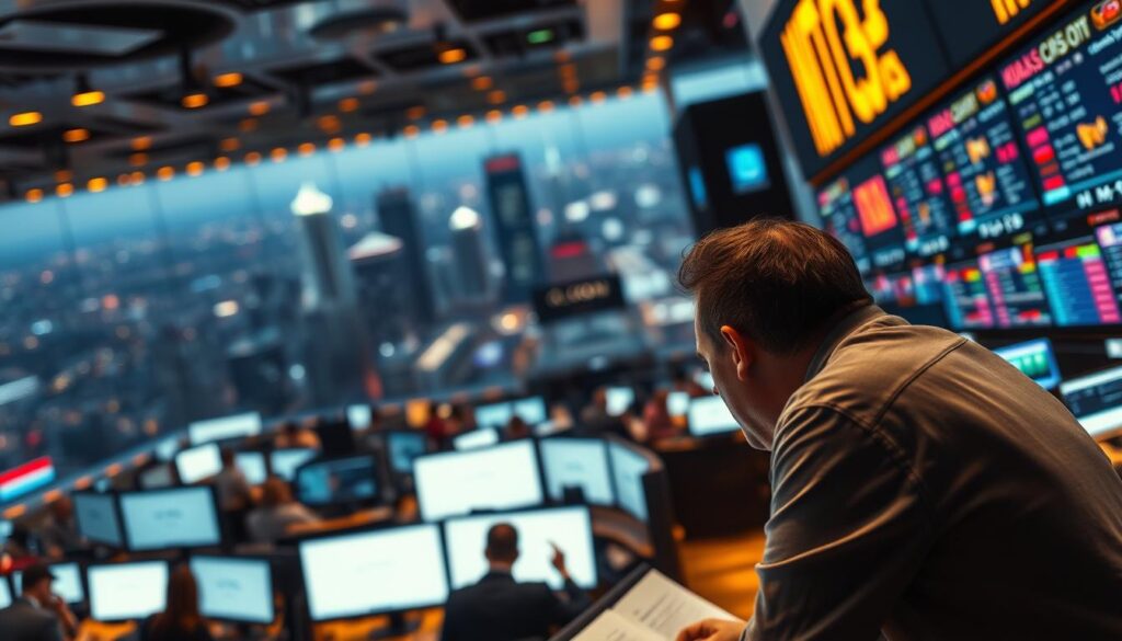 A bustling trading floor, illuminated by the warm glow of screens and monitors. In the foreground, a trader hunches over their workstation, analyzing charts and financial data with intense focus. The middle ground is a blur of activity, with traders gesturing animatedly and the air thick with the hum of conversations. In the background, a panoramic view of the cityscape beyond the trading hall, reflecting the volatility of the markets. The scene is imbued with a sense of urgency and high-stakes decision-making, capturing the essence of navigating the unpredictable world of trading.