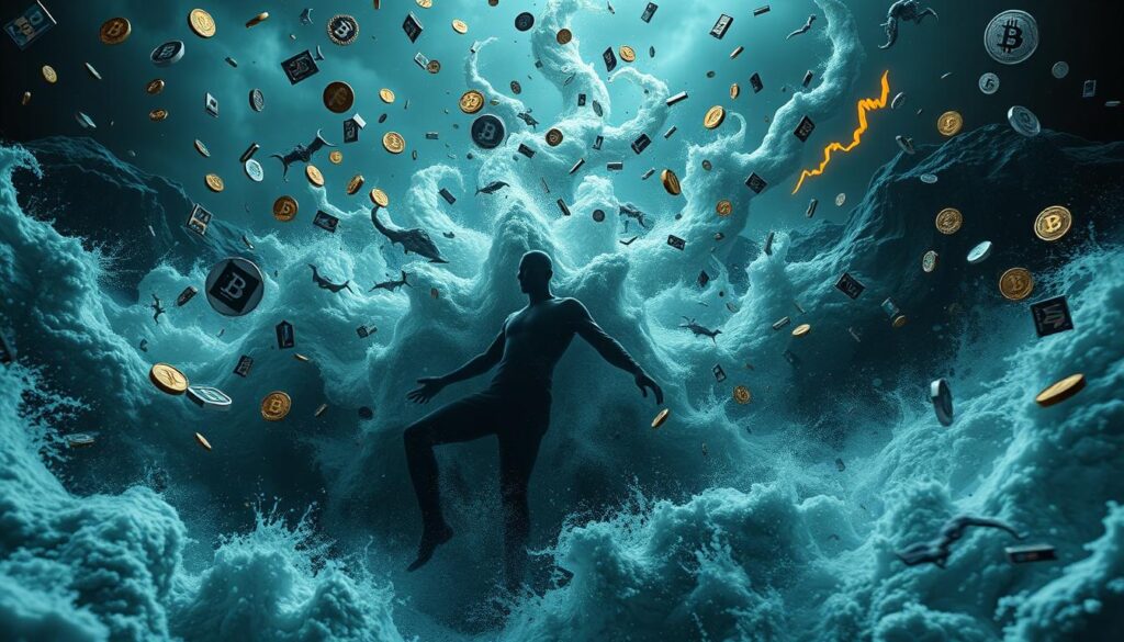 A chaotic storm of fluctuating cryptocurrencies, cascading in a swirling vortex of volatility. In the foreground, a central figure representing risk, their form shifting and morphing, conveying the unpredictable nature of the crypto market. Surrounding them, a turbulent maelstrom of digital assets, their values rising and falling in a dizzying display. The background is a surreal, otherworldly landscape, bathed in a moody, atmospheric lighting that heightens the sense of uncertainty and instability. Utilise a cinematic, wide-angle lens to capture the grand scale and dramatic tension of this scene, conveying the high-stakes, ever-changing world of long-term crypto investments.