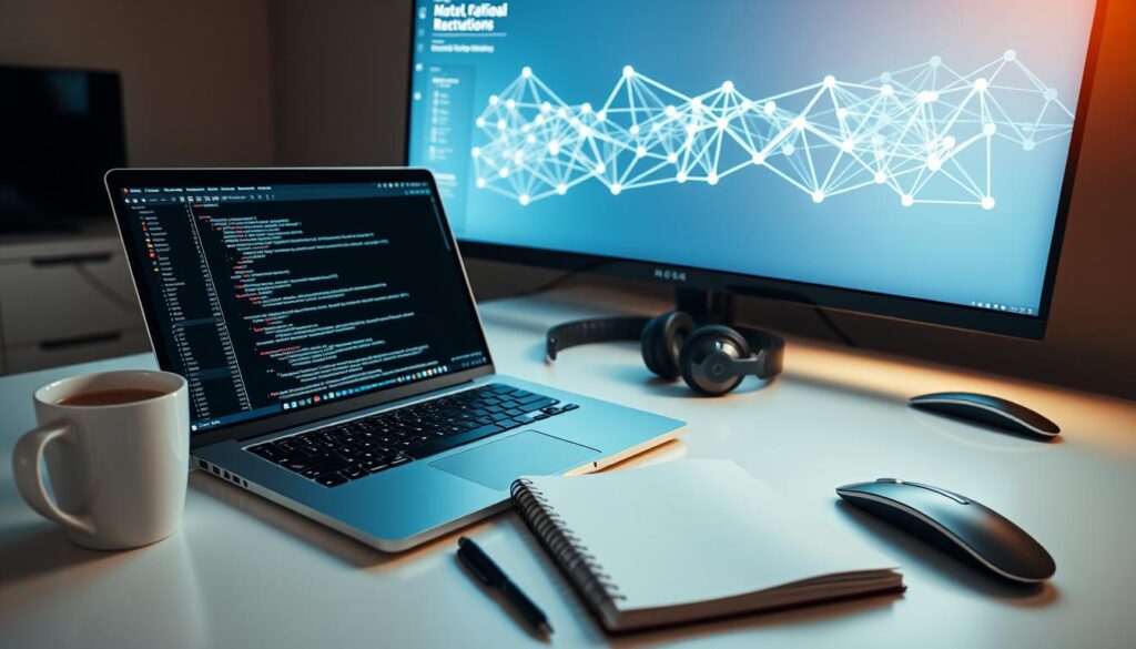 A clean, minimalist desk setup with a laptop, a cup of coffee, and a notebook. The laptop is open, displaying a coding IDE with a partially written script. Next to it, a pair of high-quality headphones and a sleek, modern mouse. In the background, a large monitor displays a blockchain network diagram, casting a soft, blue-tinted glow. The lighting is warm and inviting, creating a productive, yet cozy atmosphere. The overall scene conveys a sense of focus, innovation, and the excitement of embarking on a new blockchain development project.