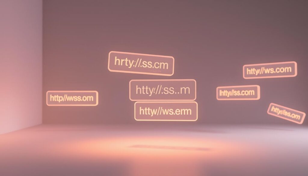 A clean, minimalist image depicting several holographic, semi-transparent IPFS URI gateway URLs floating in a serene, dimly-lit 3D space. The URLs are rendered with sharp detail, highlighting the technical nature of the subject. The background is a muted, softly-blurred gradient that creates a sense of depth and focus on the foreground elements. Subtle lighting from the left illuminates the URLs, casting a warm, ambient glow. The overall mood is one of sophistication and technological innovation, hinting at the power and versatility of IPFS as a storage solution for NFT metadata.