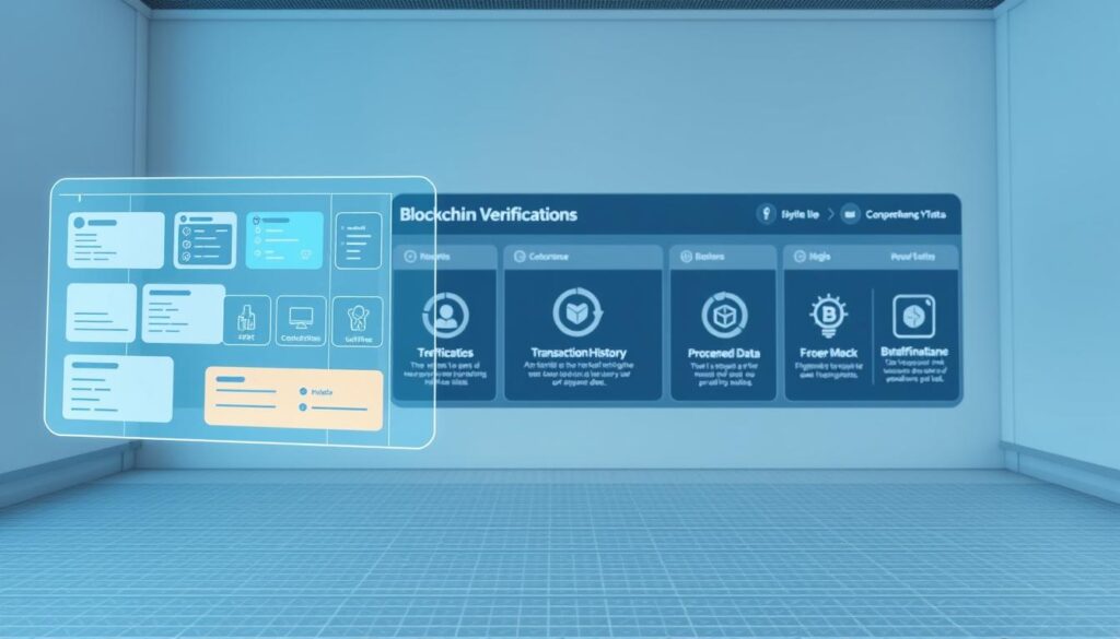 A clean, minimalist interface with sleek, modern design elements. In the foreground, a holographic display showcases various blockchain verification tools, including digital certificates, transaction histories, and provenance data. The middle ground features stylized icons and infographics explaining the verification process. The background has a subtle gridded pattern, suggesting the underlying blockchain technology. Soft, cool lighting creates a sophisticated, futuristic atmosphere, highlighting the advanced nature of the tools. Camera angle is slightly elevated, providing an overview of the comprehensive verification dashboard.