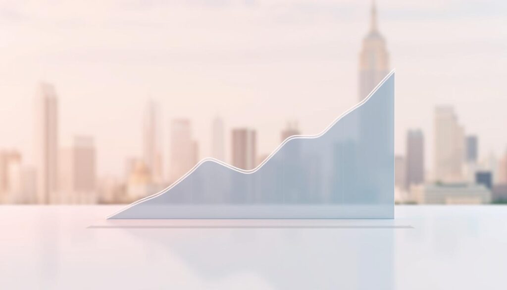A clean, modern graph illustrating the concept of "average price" in a cryptocurrency dollar cost averaging calculator. The graph should be prominently displayed in the foreground, rendered in a minimalist 3D style with clean lines, gradients, and subtle reflections. The background should feature a blurred, pastel-toned cityscape or abstract pattern to provide visual interest without distracting from the main graph. Employ a soft, diffused lighting setup that casts gentle shadows and highlights the graph's details. The overall mood should be one of clarity, simplicity, and financial analysis.
