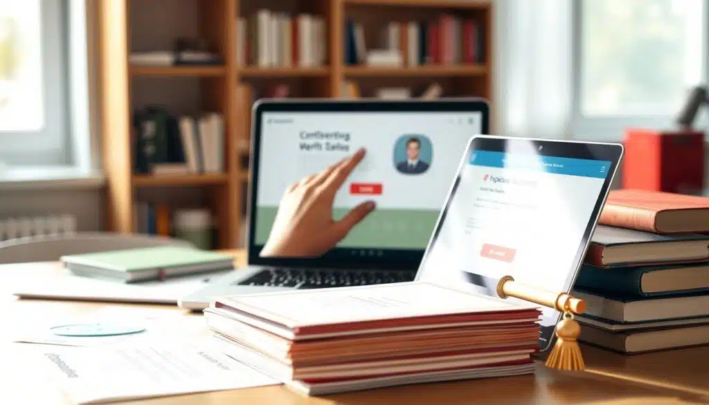 A clean, well-lit educational setting with a desk, books, and a laptop displaying a digital credentials verification interface. In the foreground, a stack of graduation certificates and diplomas. In the middle ground, a student's hand interacting with the laptop screen, verifying their credentials. The background features a bookshelf and a window, creating a warm, scholarly atmosphere. The lighting is soft and natural, enhancing the sense of academic authority and trustworthiness. The overall composition conveys the secure and reliable nature of digital identity verification for educational accomplishments.