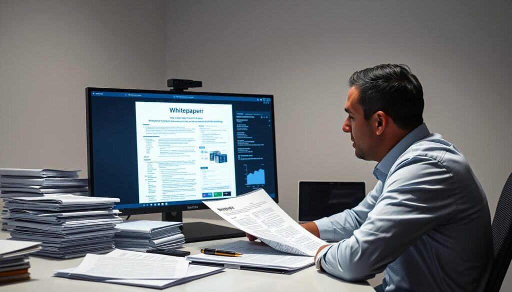 A clean, well-lit workspace with a large monitor displaying a detailed cryptocurrency whitepaper. Stacks of paper documents, a pen, and a focused, studious expression on the face of the analyst as they review the project's technical specifications. Muted, professional colors create a serious, contemplative atmosphere. Soft, directional lighting casts subtle shadows, highlighting the meticulous attention to detail. The overall scene conveys a sense of diligent research and due diligence in the process of evaluating the cryptocurrency project.