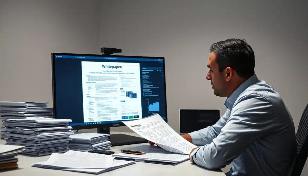 A clean, well-lit workspace with a large monitor displaying a detailed cryptocurrency whitepaper. Stacks of paper documents, a pen, and a focused, studious expression on the face of the analyst as they review the project's technical specifications. Muted, professional colors create a serious, contemplative atmosphere. Soft, directional lighting casts subtle shadows, highlighting the meticulous attention to detail. The overall scene conveys a sense of diligent research and due diligence in the process of evaluating the cryptocurrency project.