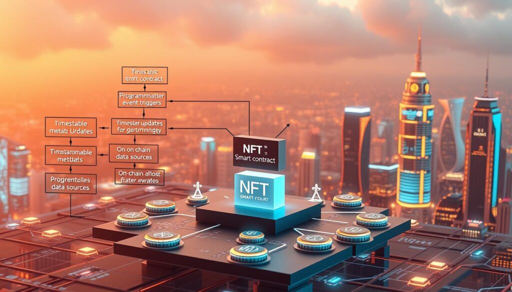A complex 3D architectural diagram depicting the dynamic NFT smart contract ecosystem. The foreground features a central smart contract at the heart, connected to various programmable metadata components like timestamp updates, event triggers, and on-chain data sources. The middle ground showcases a network of interconnected NFT tokens, each with its own evolving metadata. In the background, a futuristic city skyline with glowing holographic interfaces, representing the broader blockchain infrastructure. The scene is illuminated by a warm, diffuse lighting, creating a sense of technological sophistication and innovation. The overall composition conveys the dynamic, programmable, and interconnected nature of the dynamic NFT smart contract architecture.