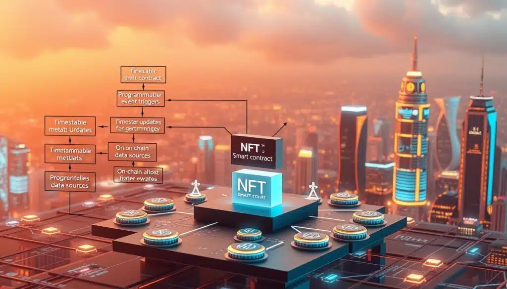 A complex 3D architectural diagram depicting the dynamic NFT smart contract ecosystem. The foreground features a central smart contract at the heart, connected to various programmable metadata components like timestamp updates, event triggers, and on-chain data sources. The middle ground showcases a network of interconnected NFT tokens, each with its own evolving metadata. In the background, a futuristic city skyline with glowing holographic interfaces, representing the broader blockchain infrastructure. The scene is illuminated by a warm, diffuse lighting, creating a sense of technological sophistication and innovation. The overall composition conveys the dynamic, programmable, and interconnected nature of the dynamic NFT smart contract architecture. A complex 3D architectural diagram depicting the dynamic NFT smart contract ecosystem. The foreground features a central smart contract at the heart, connected to various programmable metadata components like timestamp updates, event triggers, and on-chain data sources. The middle ground showcases a network of interconnected NFT tokens, each with its own evolving metadata. In the background, a futuristic city skyline with glowing holographic interfaces, representing the broader blockchain infrastructure. The scene is illuminated by a warm, diffuse lighting, creating a sense of technological sophistication and innovation. The overall composition conveys the dynamic, programmable, and interconnected nature of the dynamic NFT smart contract architecture.