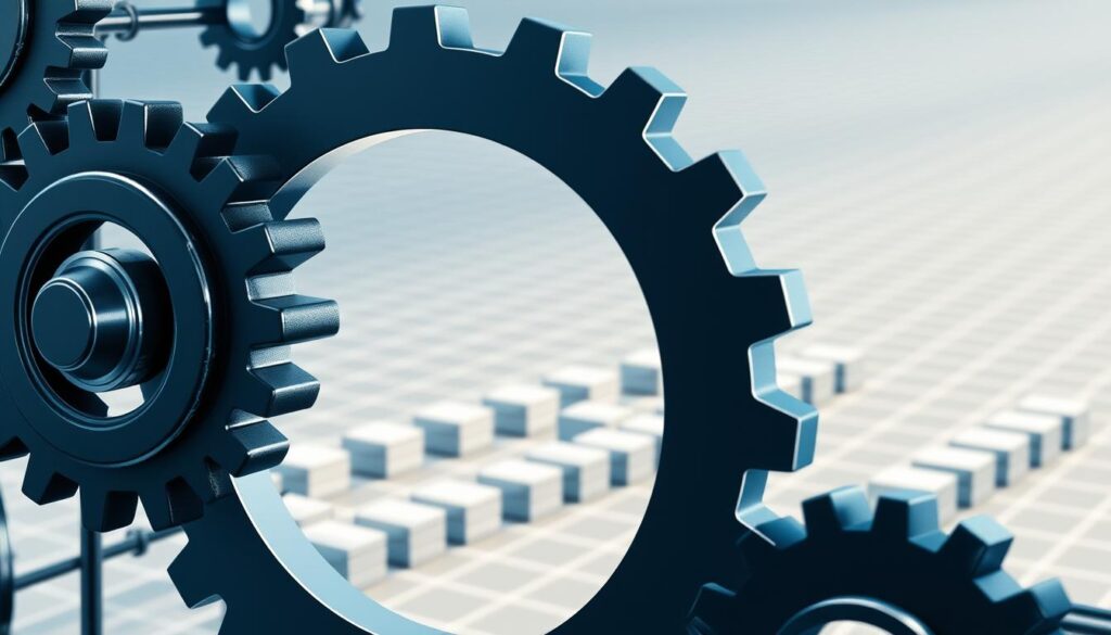 A complex blockchain network depicted in a technical illustration. In the foreground, a set of interlocking gears represents the delegated proof-of-stake (DPoS) consensus mechanism, with various nodes participating in the validation process. The middle ground shows a 3D visualization of a blockchain, with blocks stacked in a linear chain. The background features a subtle grid pattern, emphasizing the computational infrastructure underlying the system. The lighting is crisp and directional, casting shadows that accentuate the depth and dimensionality of the scene. The overall tone is one of precision and technical sophistication, conveying the robust nature of the DPoS consensus algorithm.