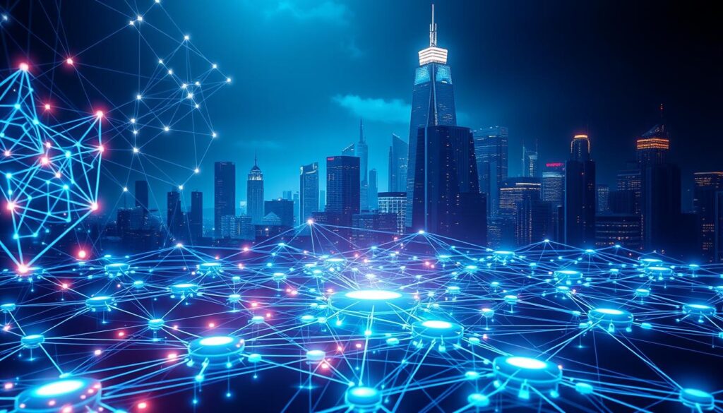 A complex blockchain network with advanced security mechanisms, depicted in a futuristic, high-tech style. In the foreground, various cryptographic protocols and consensus algorithms are visually represented as intricate geometric shapes and patterns, glowing with an ethereal, neon-like luminescence. The middle ground showcases a distributed network of nodes, connected by a web of secure, encrypted data streams. In the background, a towering, futuristic cityscape provides a striking technological backdrop, hinting at the vast potential of blockchain technology to transform data security and privacy. The lighting is dramatic, with strong contrasts between light and shadow, creating a sense of depth and dynamism. The overall mood is one of technological sophistication and innovation, reflecting the advanced security features of blockchain systems.