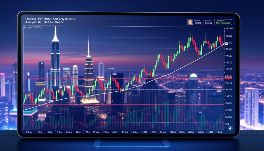A complex crypto chart with various technical analysis indicators, displayed on a sleek, high-resolution digital interface. The foreground features candlestick patterns, moving averages, and oscillators like RSI and MACD, presented in a clean, minimalist design. The middle ground showcases a detailed price chart with clear support and resistance levels, trend lines, and volume data. The background depicts a futuristic cityscape with skyscrapers, neon lights, and a serene night sky, creating a sense of technological sophistication. The overall atmosphere is one of data-driven decision making, financial analysis, and the power of technical tools in the dynamic cryptocurrency markets.
