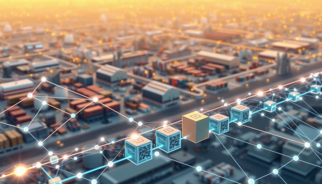 A complex, interconnected supply chain system with transparent traceability. In the foreground, a 3D rendered visualization of a blockchain network, with nodes representing various stages of the supply chain. The middle ground showcases a series of product items, each with a unique QR code and RFID tag, highlighting the traceability capabilities. In the background, a stylized cityscape with factories, warehouses, and transportation modes, all linked by a web of digital connections. The scene is bathed in a warm, technological glow, conveying a sense of efficiency, reliability, and trust in the supply chain management process.