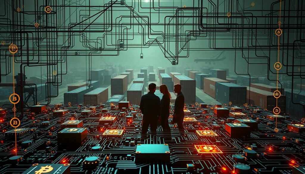 A complex network of digital ledgers, cryptographic nodes, and distributed data flows. In the foreground, a maze of interconnected circuits and blockchain icons representing the technical challenges of integration. In the middle ground, a team of engineers collaborating, their faces obscured, symbolizing the human factors involved. The background is hazy, with glimpses of supply chain elements - shipping containers, logistics hubs, and transportation networks - all merging into a tapestry of technological and operational complexity. Dramatic lighting casts long shadows, conveying the weight of the obstacles faced. An atmosphere of tension and determination permeates the scene, hinting at the transformative potential of blockchain technology.