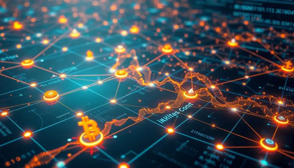 A complex network of digital transactions, each a shimmering pulse of data flowing through a decentralized blockchain. In the foreground, glowing cryptocurrency icons representing Bitcoin, Ethereum, and Litecoin dance across a sleek, holographic interface. The middle ground features a dynamic visualization of transaction history, with colorful nodes and arcs tracing the movement of digital assets. In the background, a abstract landscape of binary code and cryptographic hashes unfolds, suggesting the underlying technological infrastructure that powers the cryptocurrency ecosystem. Warm, diffuse lighting casts a futuristic glow, while the camera angle provides a bird's-eye perspective, evoking a sense of scale and interconnectivity.