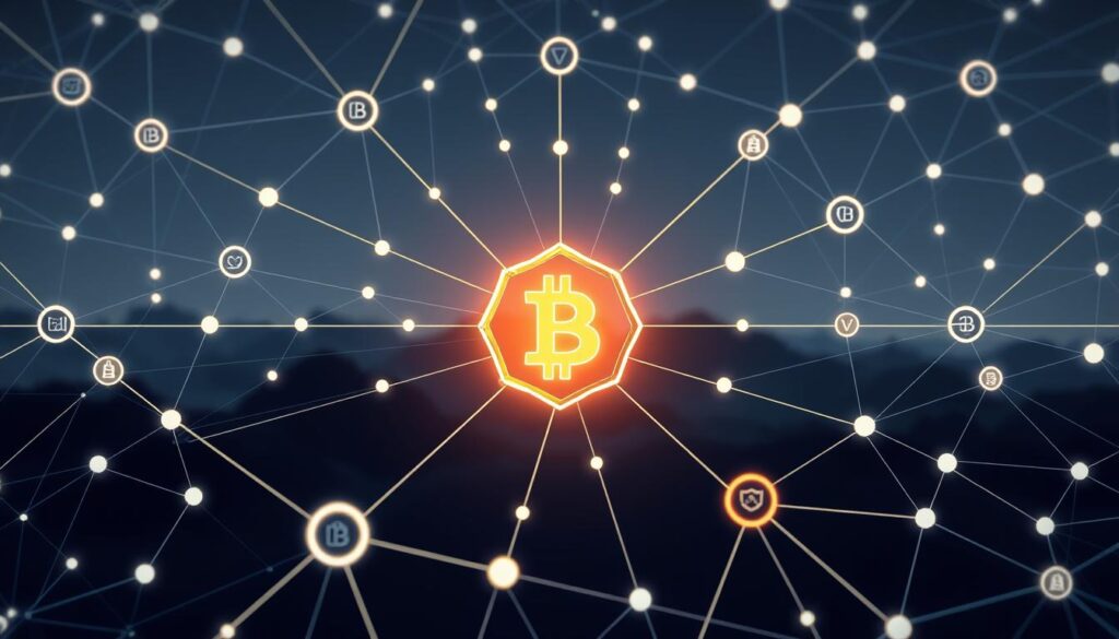 A complex network of interconnected blockchain nodes, each representing a distinct data block. The foreground depicts a central node, its core glowing with transparency, surrounded by a web of cryptographically secured data links. The middle ground features stylized icons symbolizing the key principles of decentralization, transparency, and immutability, all woven into the blockchain's intricate structure. The background showcases a sleek, minimalist landscape, with subtle gradients and geometric patterns alluding to the technological sophistication of the system. The overall composition conveys a sense of balance, stability, and the uncompromising integrity of blockchain-based data.