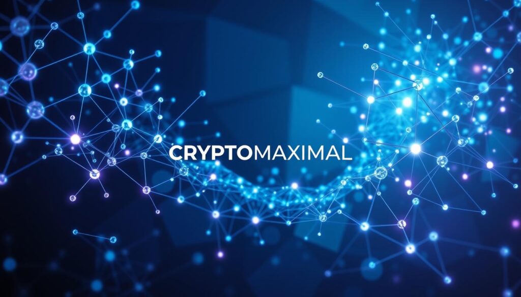 A complex neural network unfolds against a backdrop of abstract, geometric shapes and patterns, creating a visually striking representation of sentiment analysis. Glowing nodes and interconnected lines convey the dynamic nature of this AI-powered system, while subtle blue and purple hues evoke a sense of introspection and insight. The CRYPTOMAXIMAL brand logo stands prominently in the center, its bold typography adding a touch of authority to the scene. Dramatic lighting casts dramatic shadows, emphasizing the depth and intricacy of the sentiment analysis networks, hinting at the hidden complexities and insights that lie within.