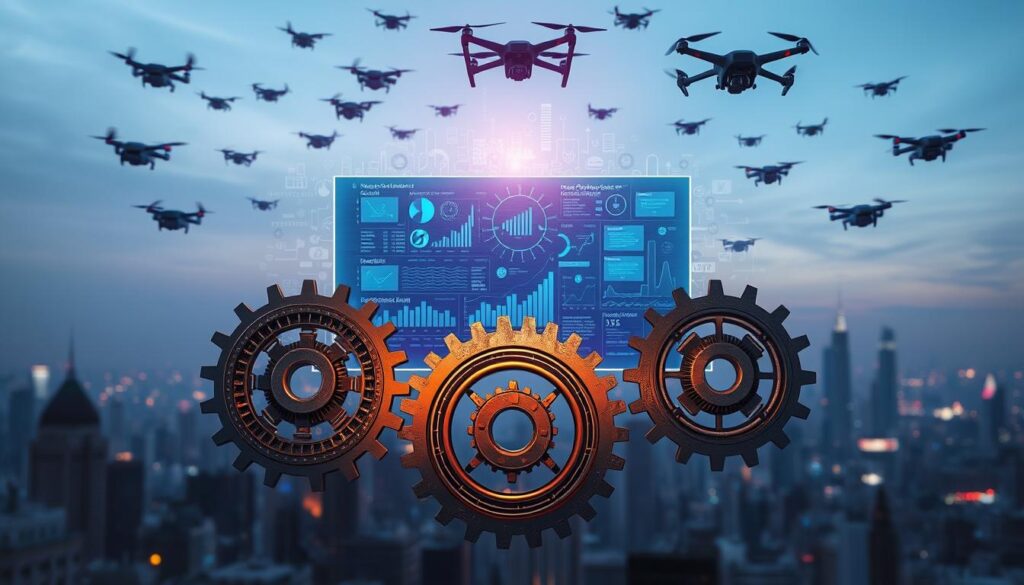 A complex web of financial instruments, crypto derivatives and ICOs, unfurl against a backdrop of futuristic cityscape. In the foreground, a trio of interlocking gears and circuits symbolize the intricate nature of these advanced financial tools. The middle ground features a holographic display, projecting a dizzying array of charts, graphs, and data streams. Overhead, a swarm of drones and hovering vehicles suggest the fast-paced, technology-driven world of cryptocurrency. Subtle hues of blue and purple cast a contemplative, almost mystical atmosphere, hinting at the risks and rewards of these specialized investment vehicles.