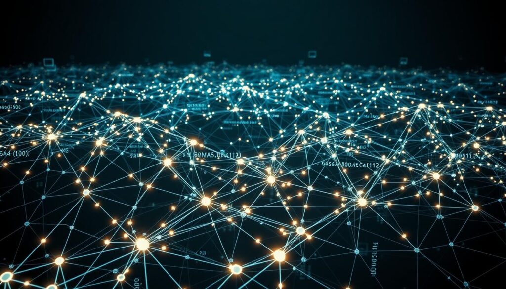 A complex web of interlocking cryptographic protocols, depicting the core mechanisms powering blockchain technology. In the foreground, intricate blockchain transactions are represented by a lattice of geometric shapes, lines, and nodes pulsing with dynamic energy. The midground features a mix of abstract mathematical symbols, encrypted data streams, and hashing algorithms, all woven together in a mesmerizing visual tapestry. The background sets the scene with a moody, low-key lighting scheme, casting dramatic shadows and highlighting the technological depth and sophistication of the blockchain ecosystem. An overall sense of technological grandeur and cryptographic wonder pervades the scene, reflecting the importance of these protocols in enabling secure, decentralized record-keeping.