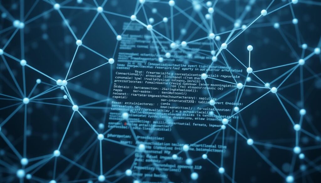 A complex web of smart contract code, written in a clean, organized manner, with sections and functions clearly delineated. The code is displayed against a backdrop of a blockchain network, with nodes and transactions visualized in a sleek, minimalist style. The overall scene conveys a sense of technical sophistication and legal rigour, reflecting the importance of intellectual property rights in the NFT ecosystem. The lighting is soft and diffused, creating a sense of depth and emphasis on the central smart contract code. The camera angle is slightly elevated, giving the viewer a bird's-eye perspective on the scene.