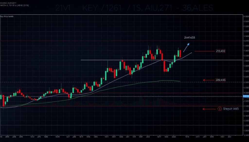 A comprehensive technical analysis chart displaying key price levels, moving averages, and candlestick formations. The chart is set against a dark, high-tech background with a sleek, minimalist design. Precise gridlines and annotations guide the viewer's eye, while a subtle glow emanates from the chart elements. The overall mood is one of analytical precision and data-driven insights, perfectly suited to illustrate the section on "Technical analysis: key levels, moving averages, and chart structure".