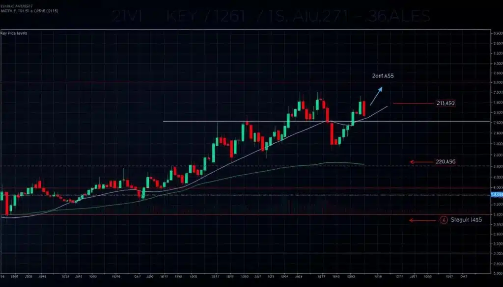 A comprehensive technical analysis chart displaying key price levels, moving averages, and candlestick formations. The chart is set against a dark, high-tech background with a sleek, minimalist design. Precise gridlines and annotations guide the viewer's eye, while a subtle glow emanates from the chart elements. The overall mood is one of analytical precision and data-driven insights, perfectly suited to illustrate the section on "Technical analysis: key levels, moving averages, and chart structure".