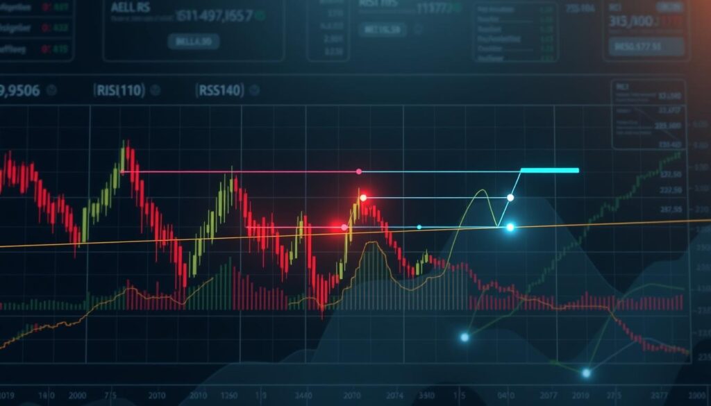 A comprehensive visualisation of RSI divergence patterns, captured in a captivating digital illustration. The foreground depicts a cryptocurrency chart, with bold lines tracing the price movements and the RSI indicator displayed below. The middle ground showcases the divergence patterns - bullish and bearish - highlighted through dynamic visual cues, emphasizing the signal of potential trend reversals. The background is rendered in a muted, technical palette, creating a sense of depth and emphasizing the analytical nature of the subject matter. The image is crafted with a cinematic lighting setup, casting subtle shadows and highlights to enhance the three-dimensional depth and clarity of the composition. The overall mood is one of precision, insight, and the discovery of trading opportunities amidst the volatility of the cryptocurrency markets.